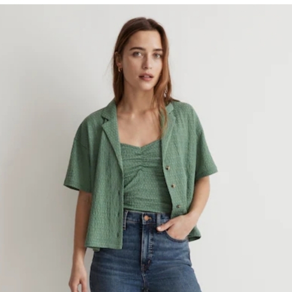 Madewell Tops - Madewell Crinkle Knit Button Front Short Sleeve Blouse Top Green Size XS